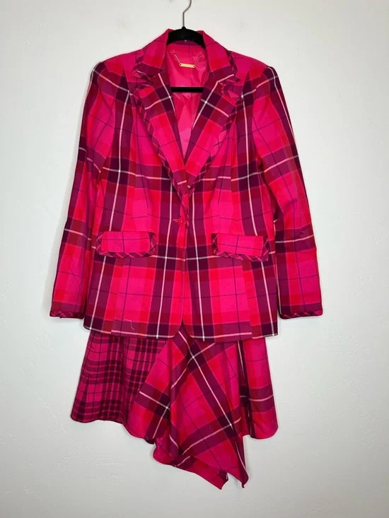 NWT Trina Turk Hot Pink Purple Plaid Asymmetrical Skirt Office Clueless Size 8 - Picture 3 of 11